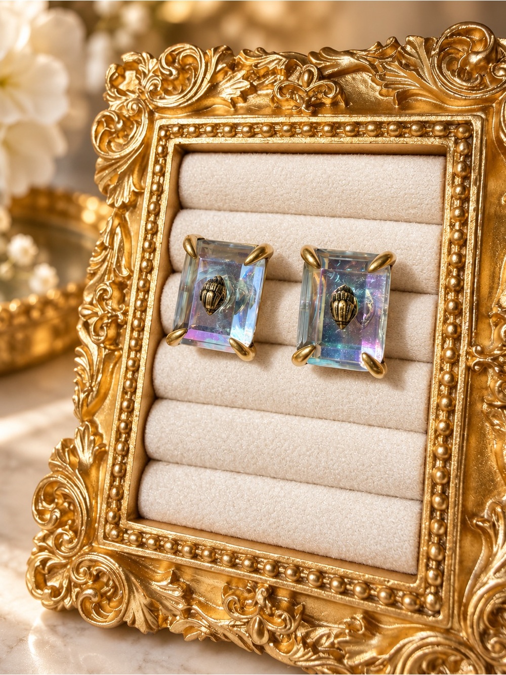 Kurt Geiger Gold-Plated Iridescent Rectangular Crystal Earrings
